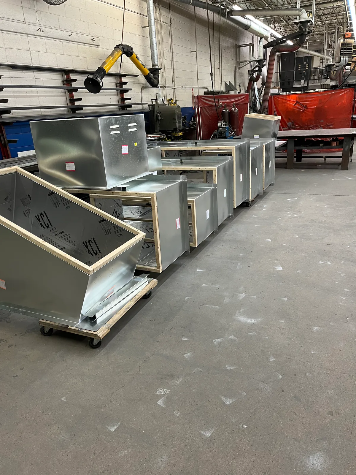 Sheet metal duct sections in Muska's fabrication shop.