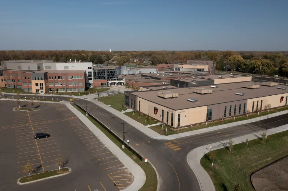 Aerial view of new buildings on the White Bear Lake High School campus.