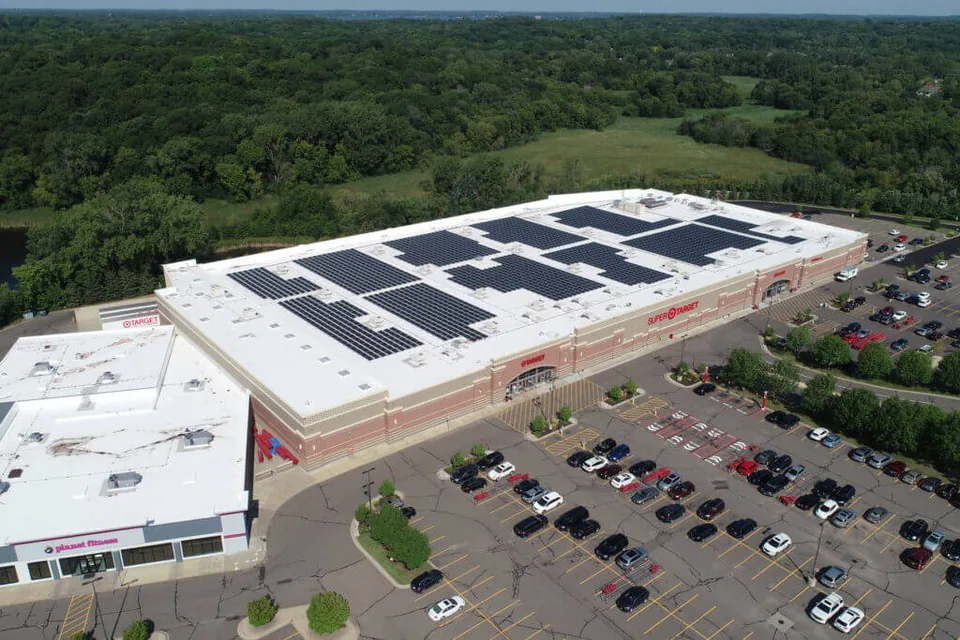 Solar panels covering the rooftop of the Target Minnetonka store.